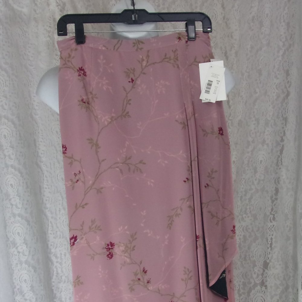 Preston & York (Dillards) Pink Print Maxi Skirt Lined in A Black Print NWT